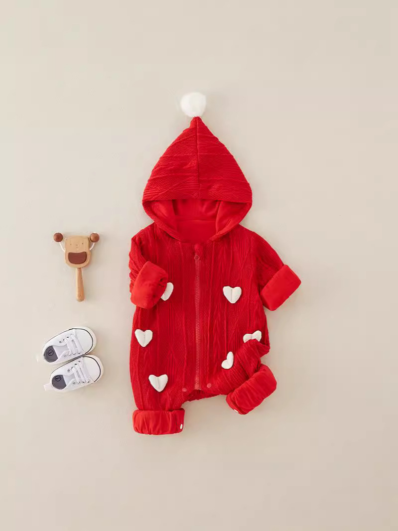 Baby Girl Red Heart Pattern Zip With Hat Romper