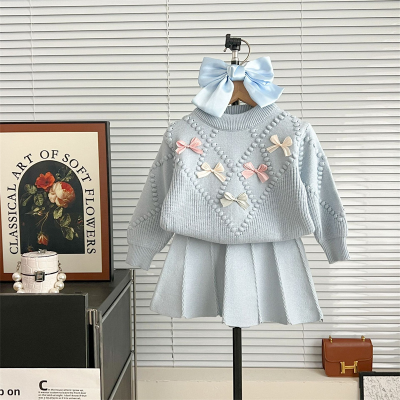 2pcs Baby Girl Bow Knit Sweater Set