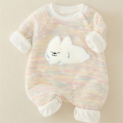 Baby Girl Cute Fluffy Rabbit Padded Fleece Double Layer Long Sleeve Romper