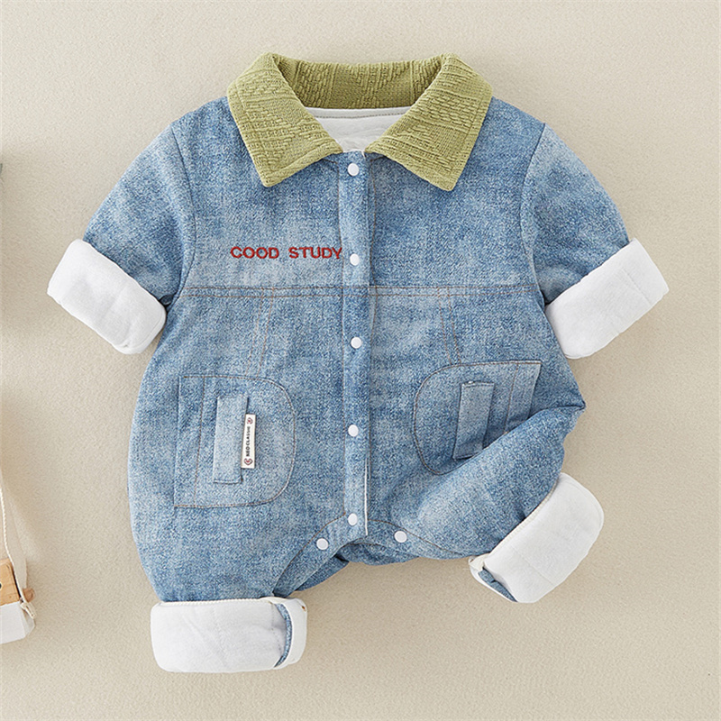 Baby Cute Panda Cotton Thickened Denim Long Sleeve Romper