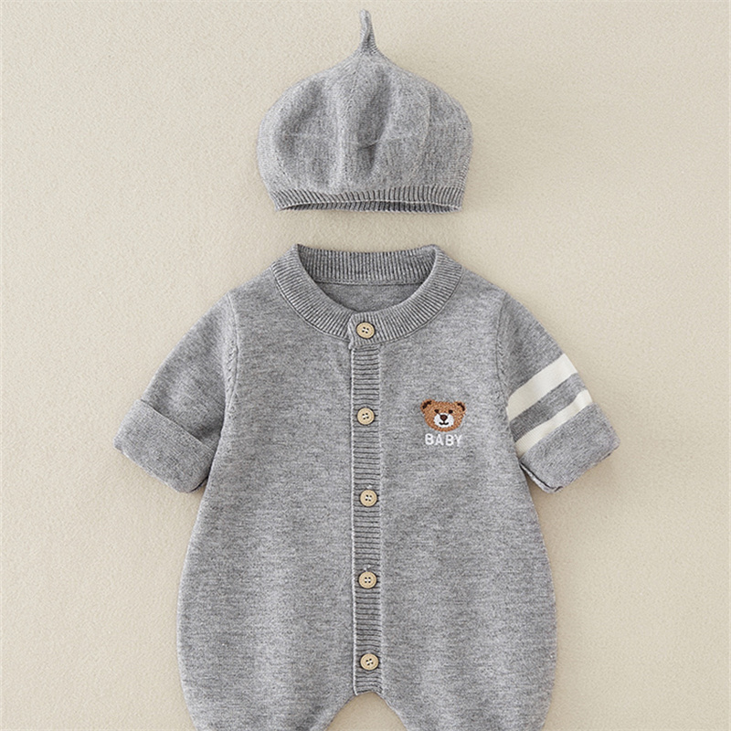 2pcs Baby Cute Cute Bear Knitted With Hat Long Sleeve Romper