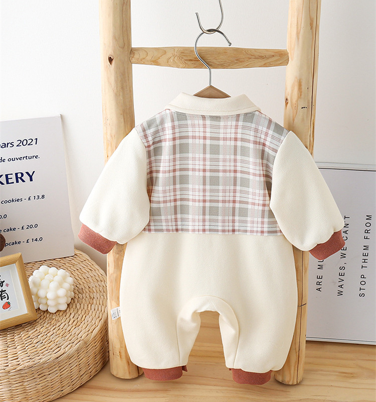 Baby Boy Cute Little Eyes Plaid Tie Long Sleeve Romper