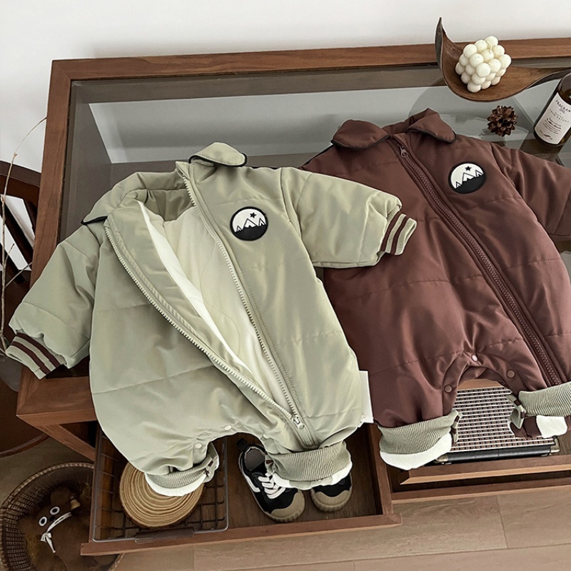 Baby Boy Slant Zip Badge Lapel Thickened Romper