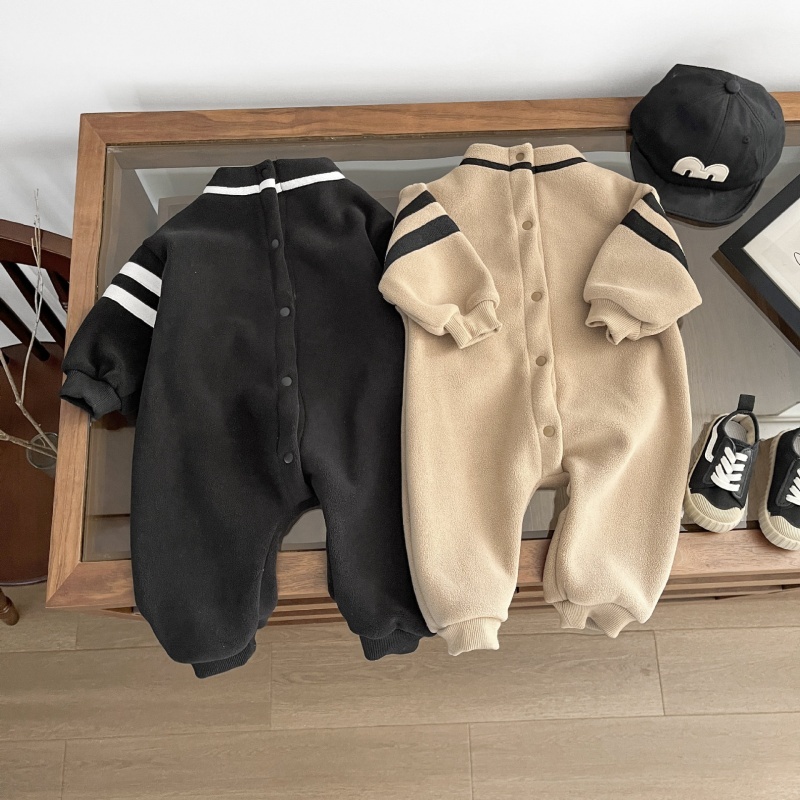 Baby Boy Pulled Stripe Plush Half High Neckline Romper