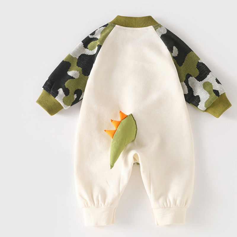 Baby Camouflage Sleeve with Dinosaur Stereo Embroidery Patterns Romper