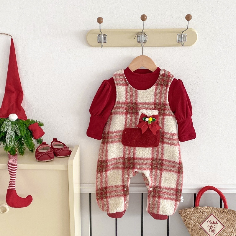 2pcs Baby Girl Christmas Padded Romper Set