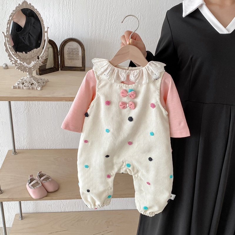 2pcs Baby Girl Cute and Sweet Corduroy Colourful Dots Bow Tie Romper Set