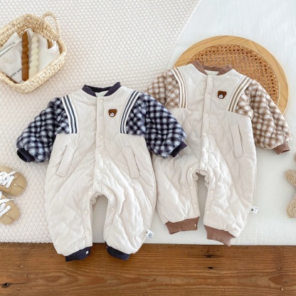 Baby Cartoon Cute Bear Plaid Sleeve Romper