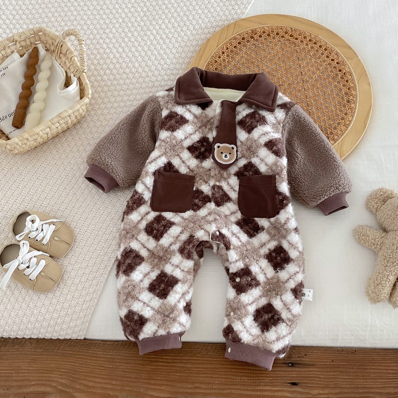 Baby Cartoon Bear Plaid Tie Romper