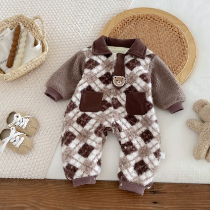 Baby Cartoon Bear Plaid Tie Romper