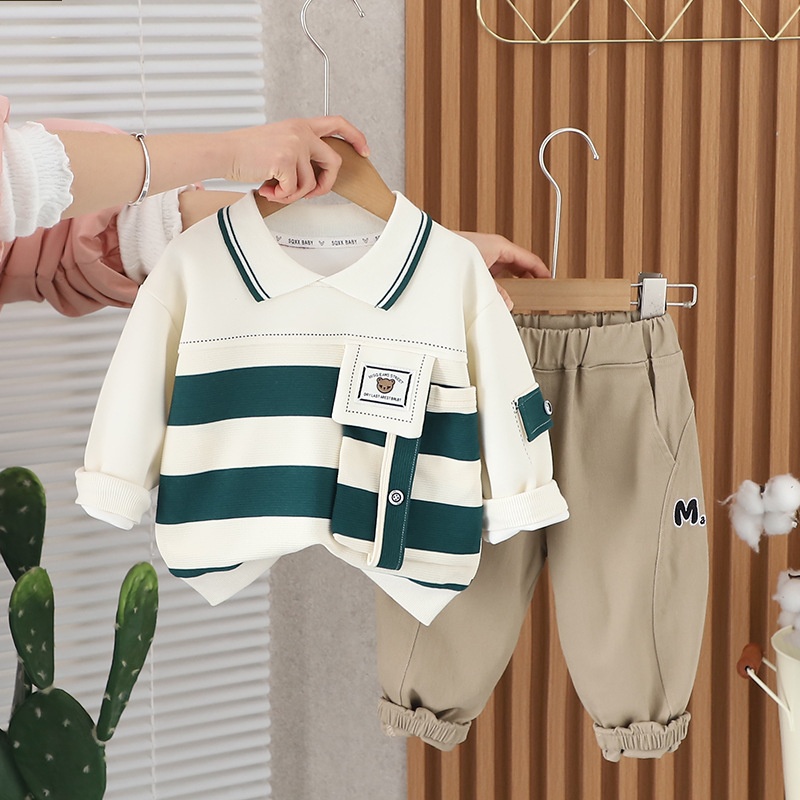 2pcs Baby Boy Cartoon Striped Sweatshirt Long Sleeve Lapel Set