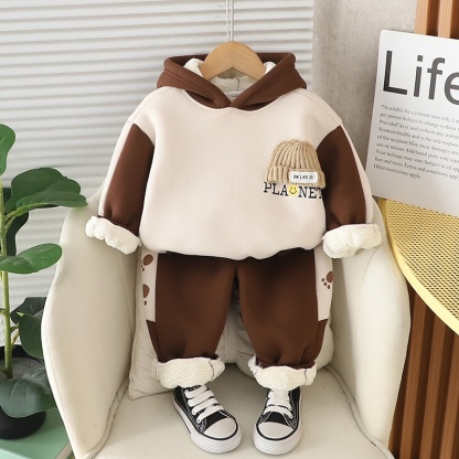 2pcs Baby Boy Thickened Padded Cute Bear Hooded Set