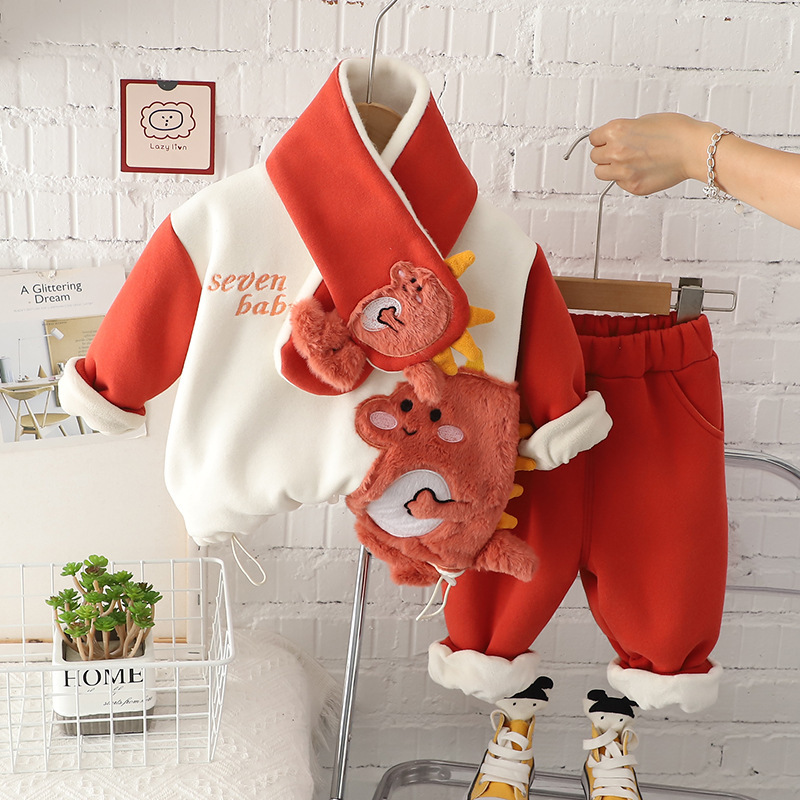 2pcs Baby Boy/Girl Thickened Padded Scarf Dinosaur Set