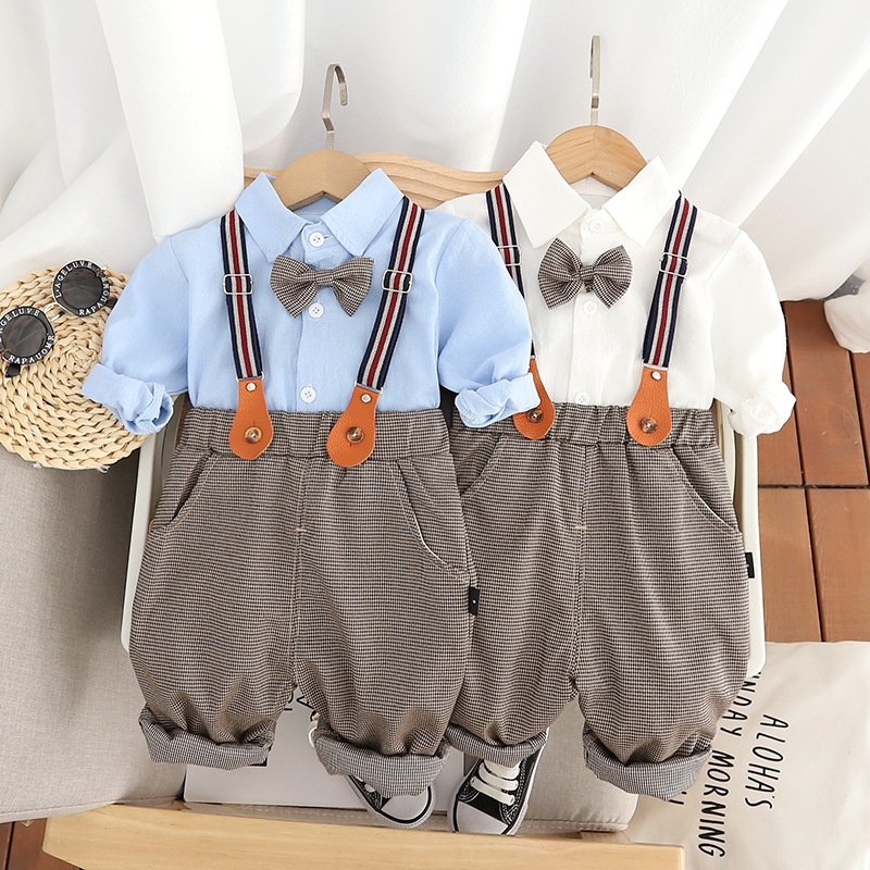 2pcs Baby Boy Little Bow Tie Chambray Strappy Pants Set
