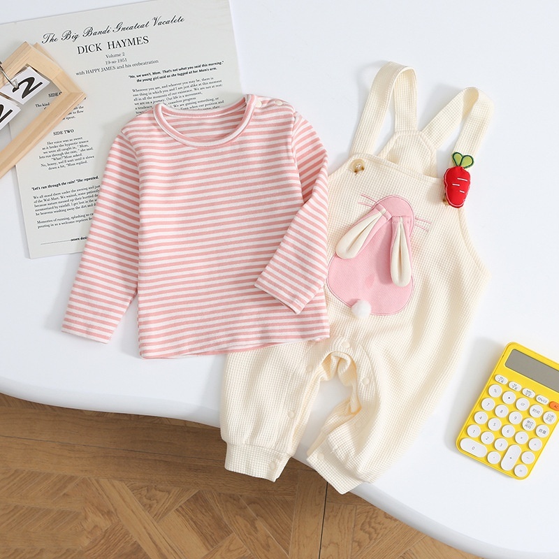 2pcs Baby Girl Cute Bunny Carrot Stripe Long Sleeve Romper Set