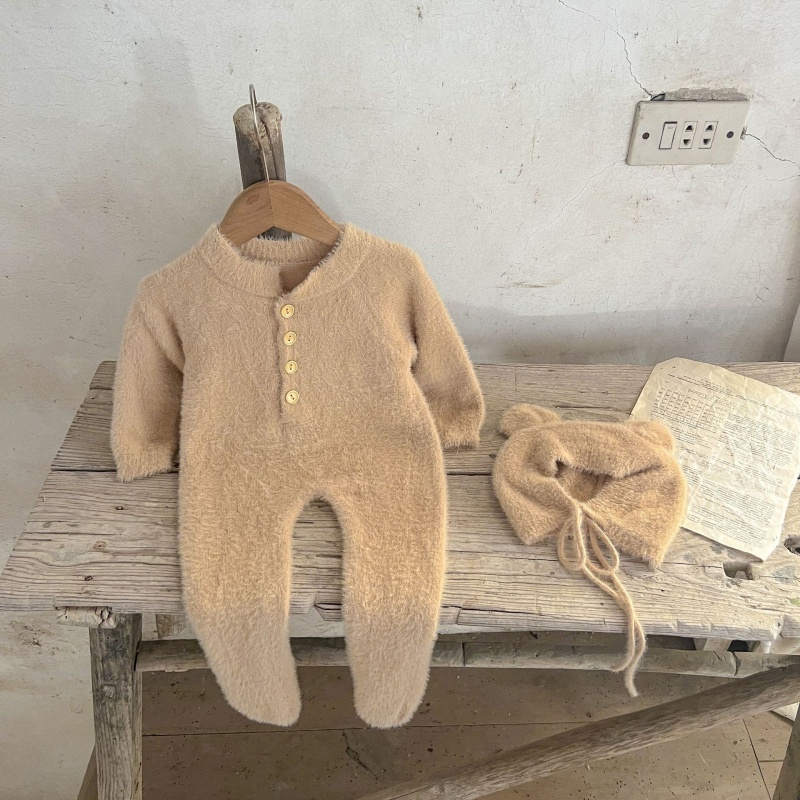 Baby Girl Mink Velvet Cute Bear Foot Wrap with Hat Romper