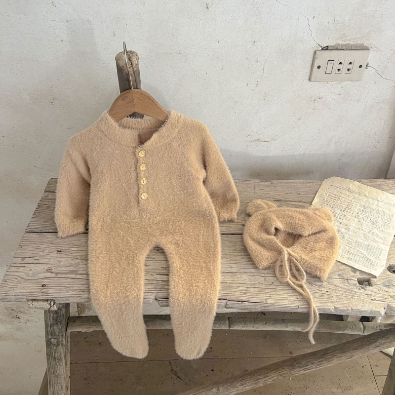 Baby Girl Mink Velvet Cute Bear Foot Wrap with Hat Romper