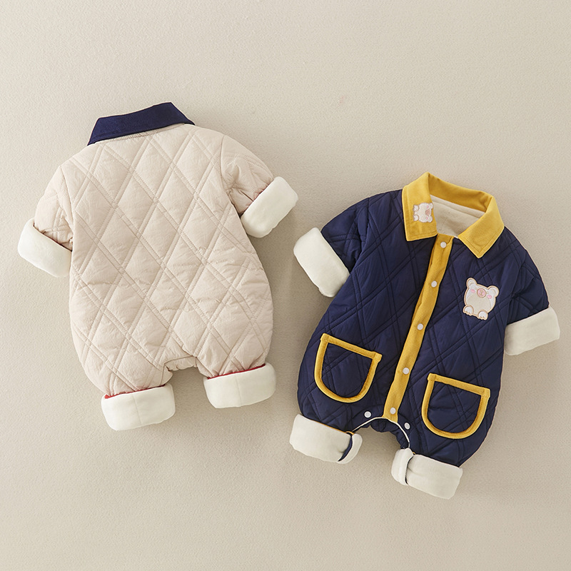 Baby Boy Cute Bear Diamond Check Pocket Romper