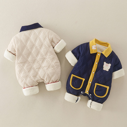 Baby Boy Cute Bear Diamond Check Pocket Romper