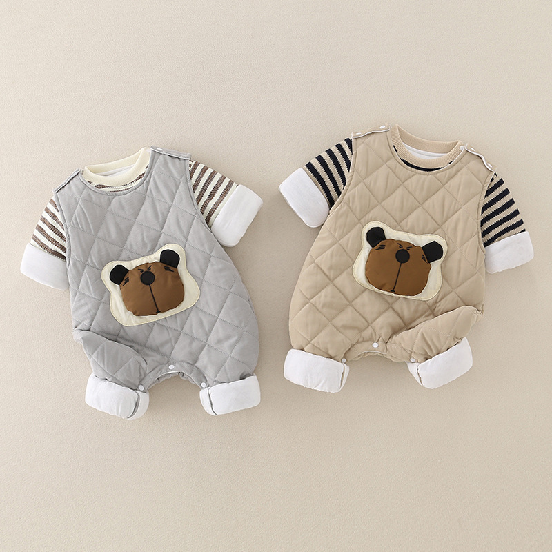 2pcs Baby Boy/Girl Cute Thickened Stripe Cartoon Romper Set