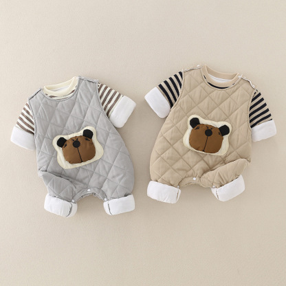 2pcs Baby Boy/Girl Cute Thickened Stripe Cartoon Romper Set