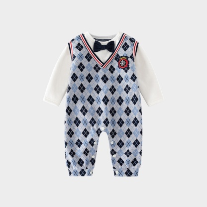 Baby Boy College Lattice Bow Tie Romper 