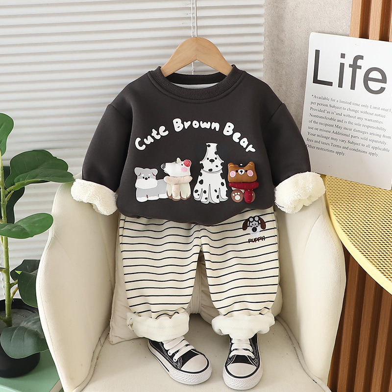 2pcs Baby Boy Cartoon Cute Puppy Padded Sweatshirt Set