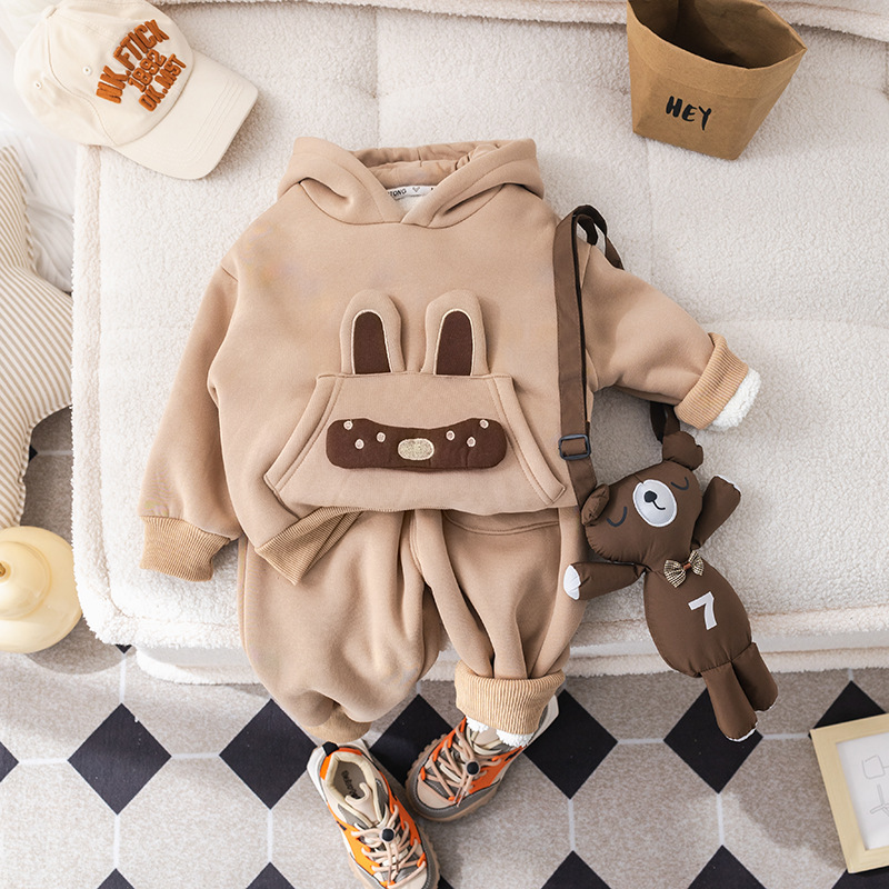 2pcs Baby Boy Padded Hooded Sweatshirt with Knot Bear Dolls Set