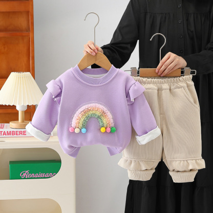2pcs Baby Girl Thickened Rainbow Patterns Sweatshirt Set