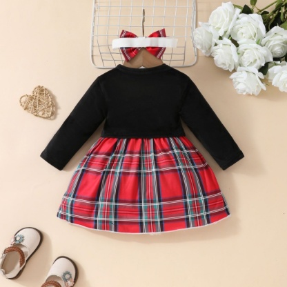 3pcs Baby Girl Plush Long Sleeve Short Jacket + Vest Bow Tie Plaid Dress + Hairband Set
