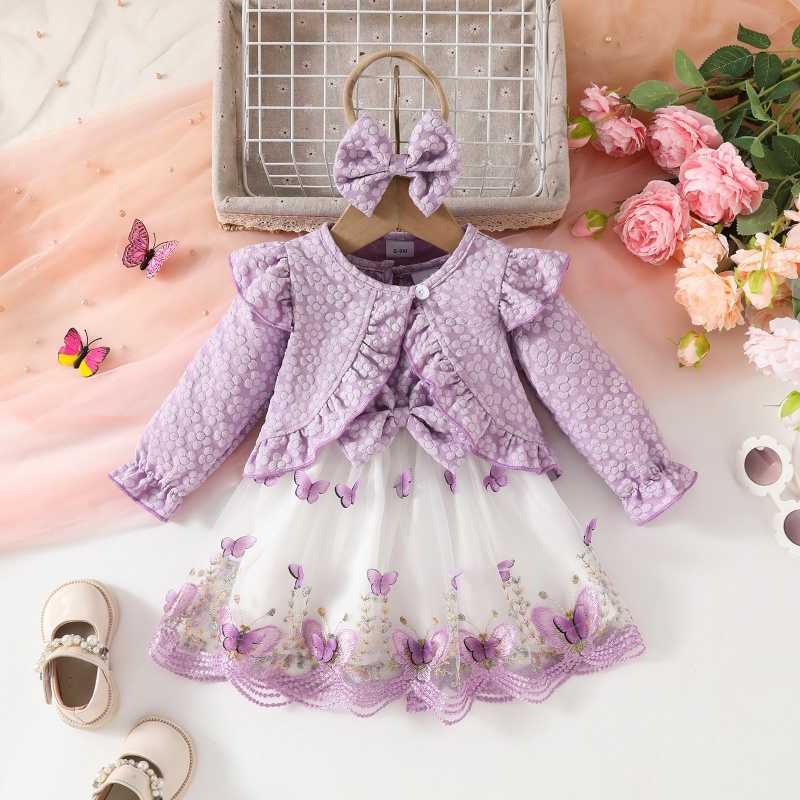 3pcs Baby Girl Ruffled Long Sleeve Jacket + Butterfly Mesh Vest Dress + Hairband Set