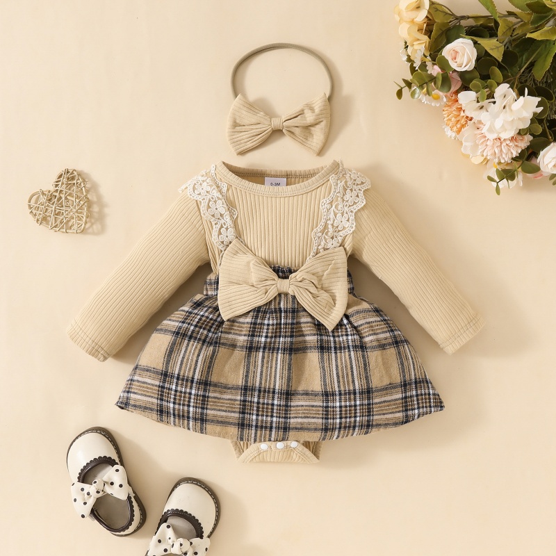 2pcs Baby Girl Long Sleeve Lace Lace Plaid Triangle Bodysuit Autumn and Winter Girls Pit Stripes Bow Tie With Hairband Bodysuit Set