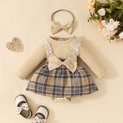 2pcs Baby Girl Long Sleeve Lace Lace Plaid Triangle Bodysuit Autumn and Winter Girls Pit Stripes Bow Tie With Hairband Bodysuit Set