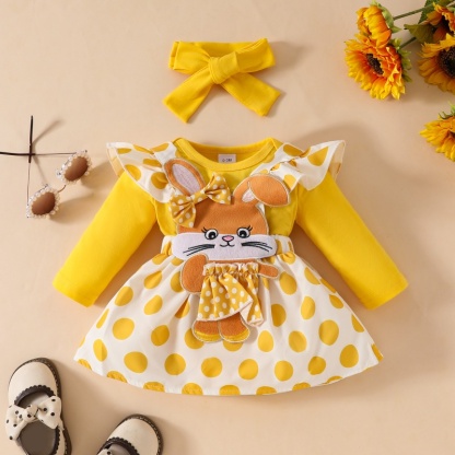 3pcs Solid Long Sleeve Bodysuit  + Cute Bunny Embroidered Ruffle Dot Back Skirt + Hairband Set