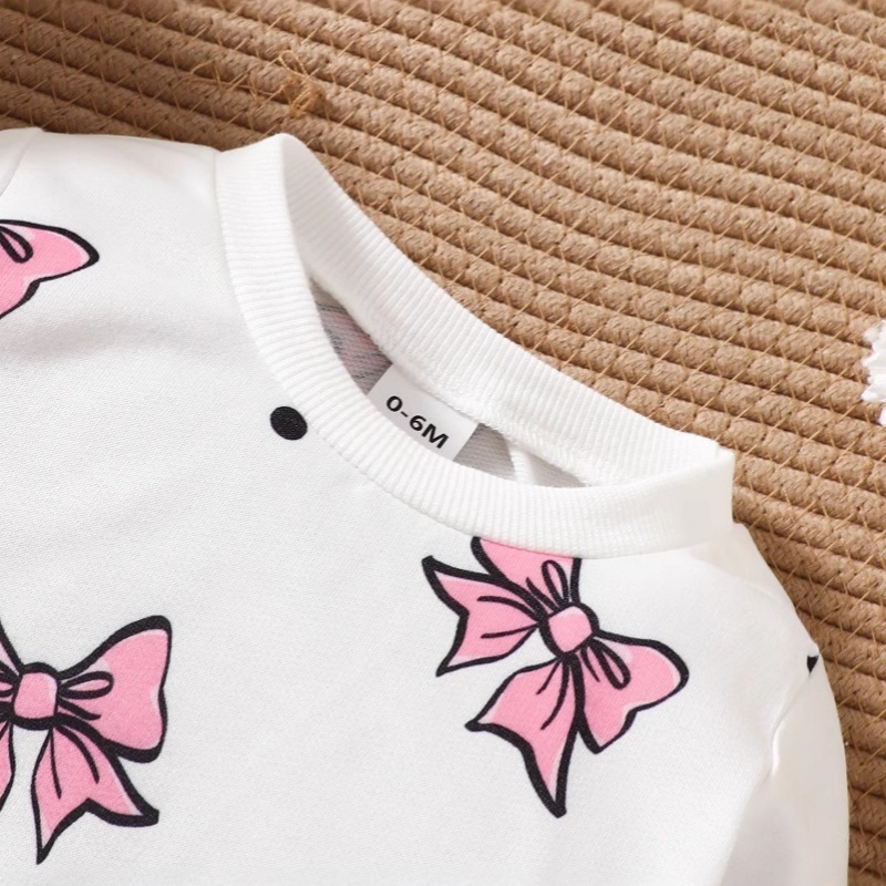 2pcs Baby Girl Bow Printed Round Neck Long Pants Set