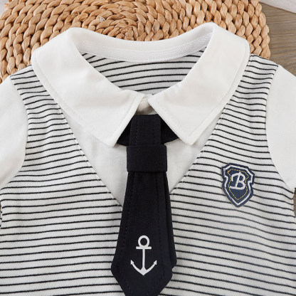 Baby Boy Tie Stripe Badge False Two Piece Romper