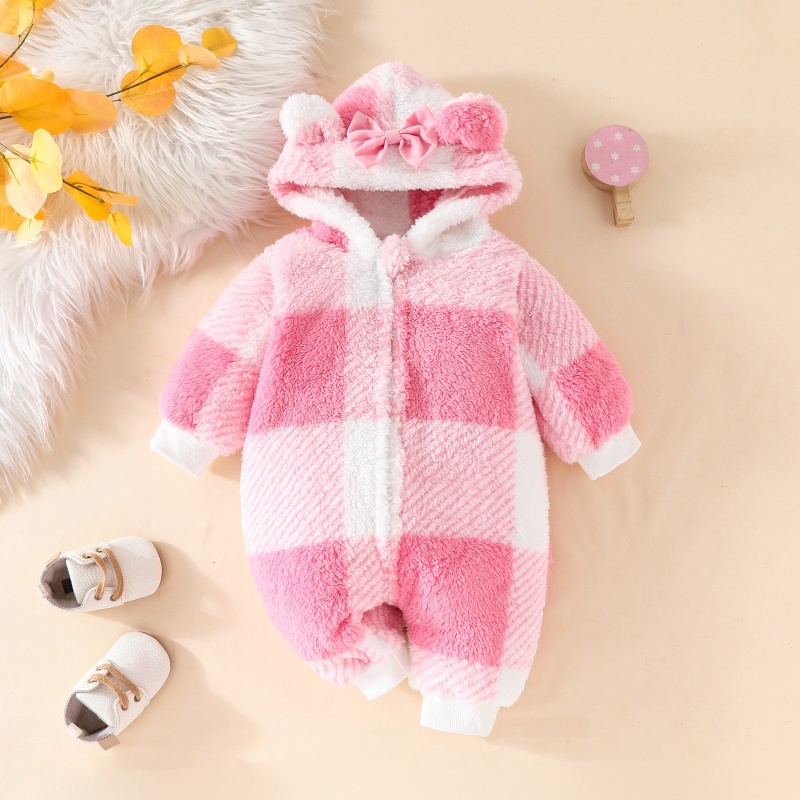 Baby Girl Cute Plaid Thickened Hooded Romper