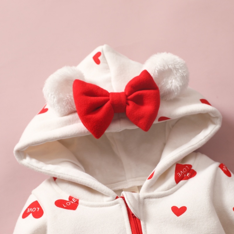 Baby Girl Bow Tie Hooded Long Sleeve Love Print Zip Up Romper
