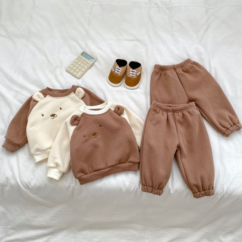 2Pcs Baby Girl/Boy Cartoon Bear Clash Colour Padded Thickened Sweatshirt Set