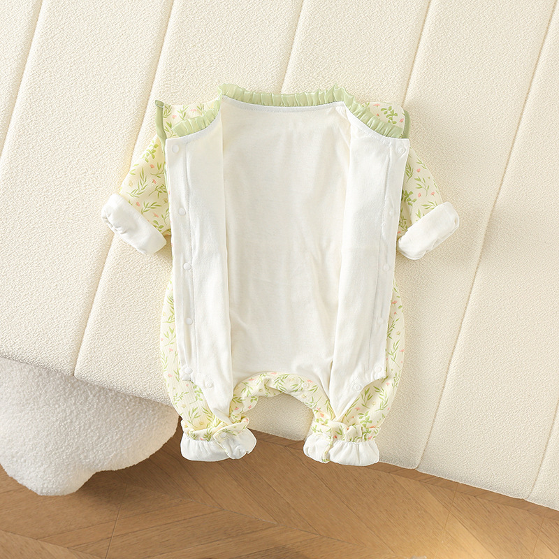 Baby Girl Small Chopped Willow Leaf Embossed Bow Romper