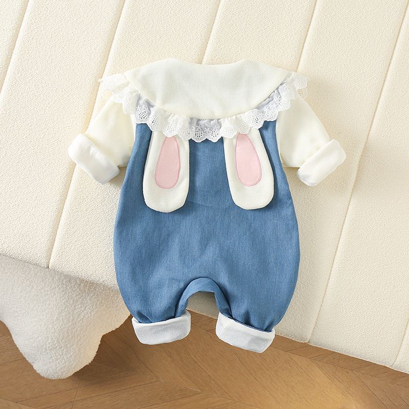 Baby Girl Double Denim Cute Rabbit Baby Doll Neck Romper