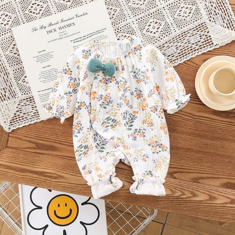 Baby Girl Gauze Bow Tattered Bear Romper