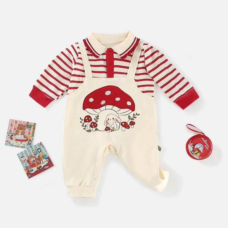 Baby Girl Mushroom Bunny Lapel Stripe False Two Piece Romper