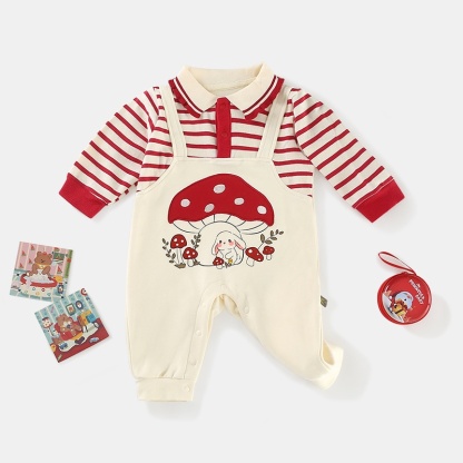 Baby Girl Mushroom Bunny Lapel Stripe False Two Piece Romper