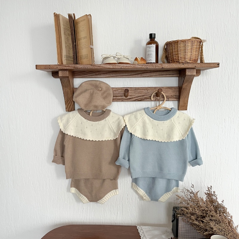 2pcs Baby Girl Knitted Ruffle Collision Colour Hairball Shorts Set