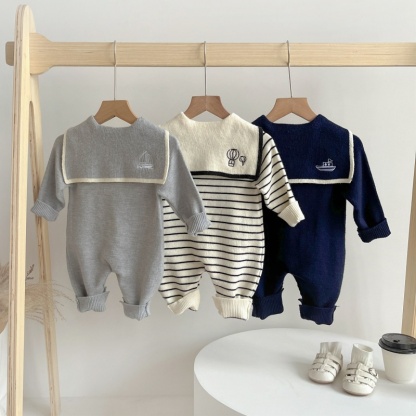 Baby Boy/Girl Knitted Navy Collar Long Sleeve Bodysuit 