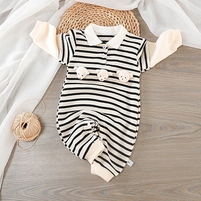Baby Girl/Boy Cartoon Stripe Lapel Romper