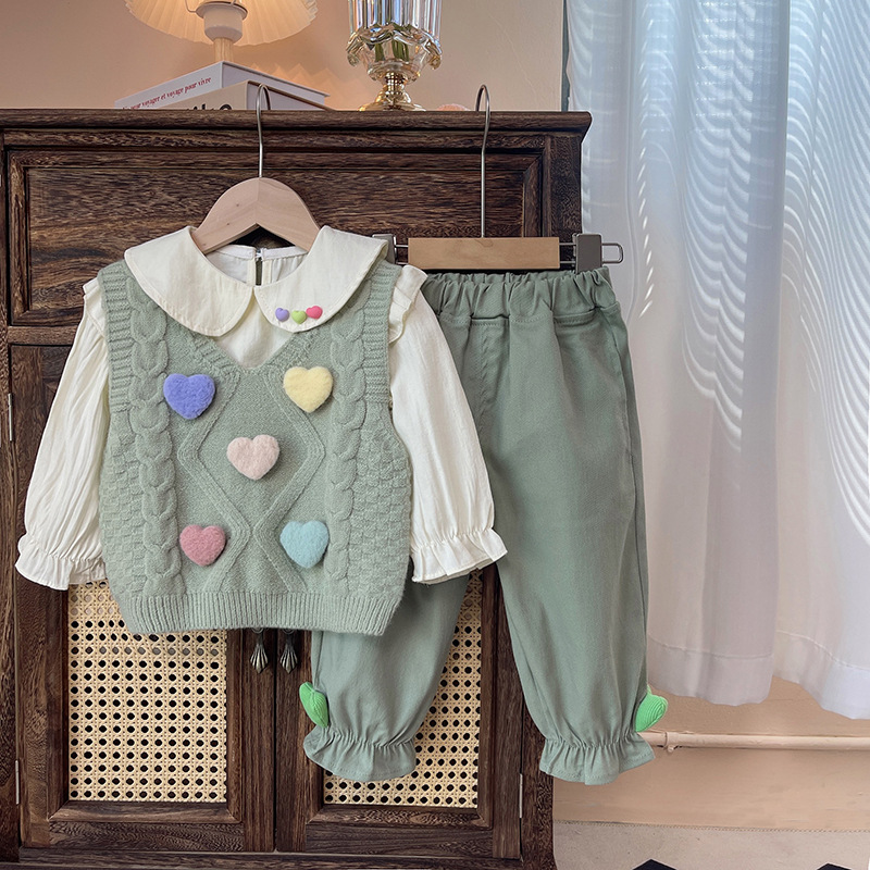 3pcs Baby Girl Cute Long Sleeve Heart Sweater Set