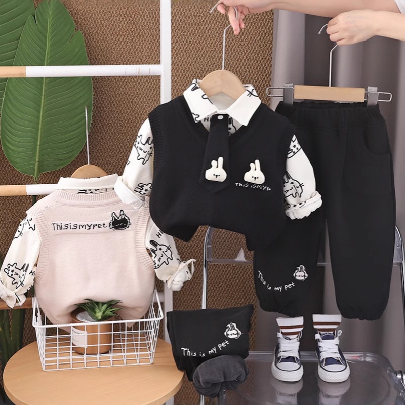 3pcs Baby Girl/Boy Cute Cartoon Thickened Sweater Vest Set