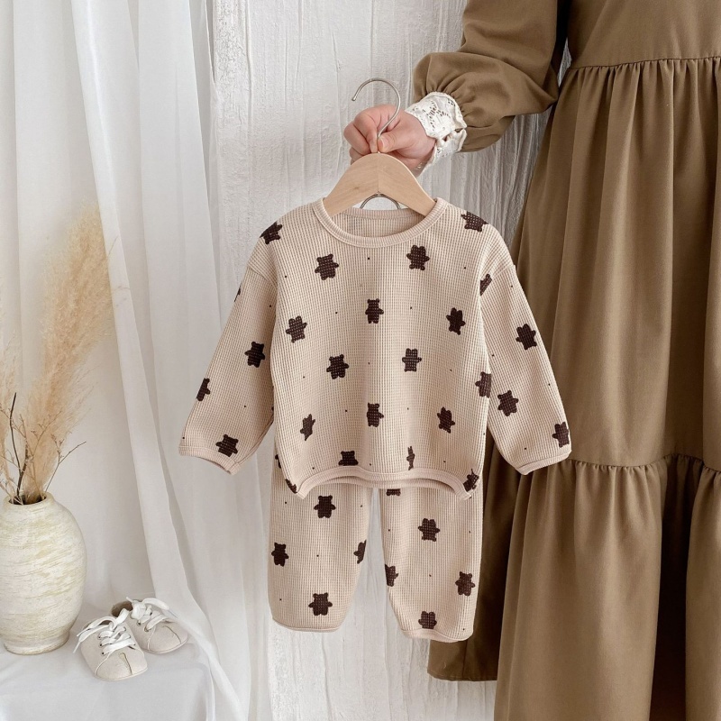 2pcs Baby Girl/Boy Cartoon Bear Waffle Long Sleeve Set